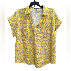 Yellow with Black and White Geometric Print Pullover V-Neck Women’s Top Size XL